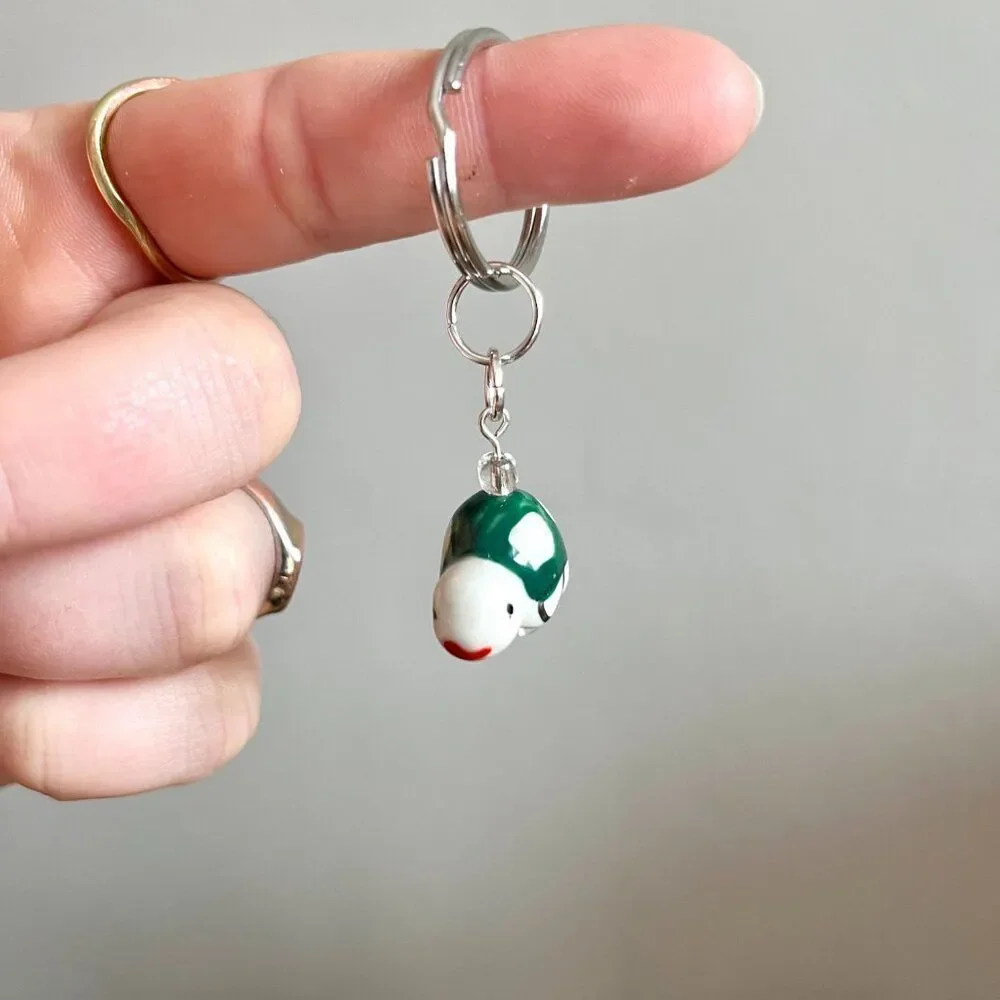 Green and White Ceramic Spotted Turtle Charm Key Chain